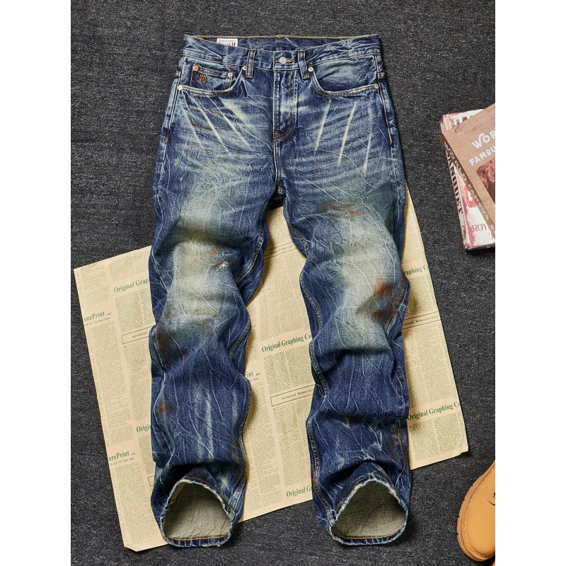 

Heavyweight OZ American Retro Washed Distressed Jeans Men High-End Loose Straight Vintage Denim Trousers