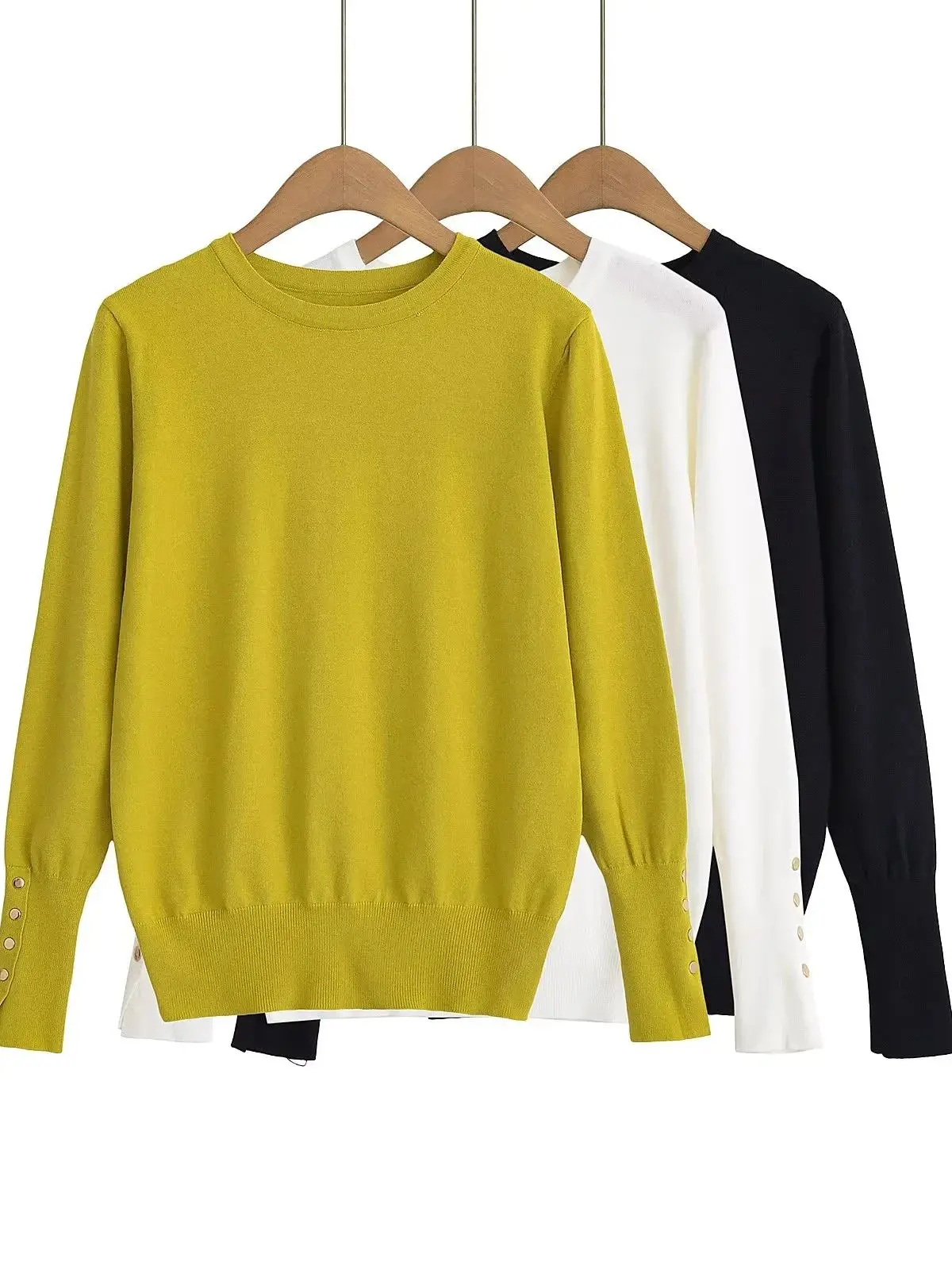 XNWMNZ 2024 Moda damska Jesień/Zima Podstawowy sweter z dzianiny Retro Okrągły dekolt Długi rękaw Guzik Prążkowane wykończenia Damski sweter