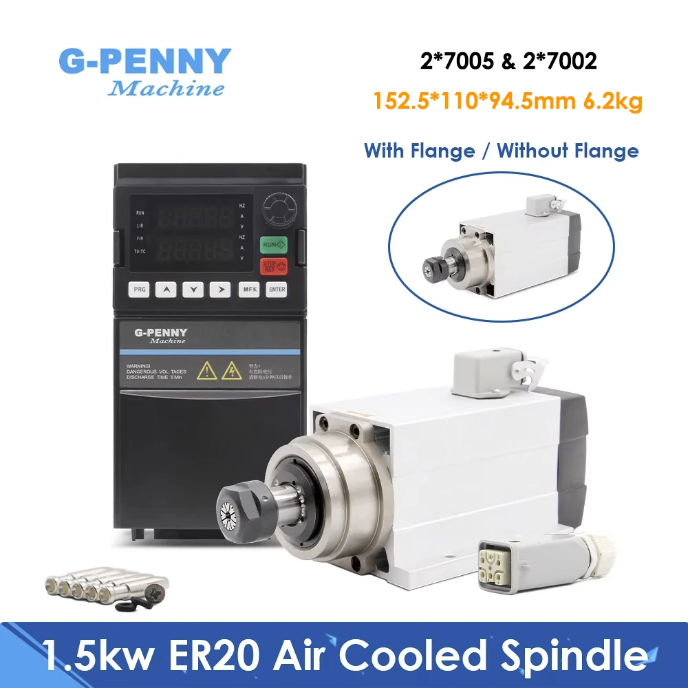 G-Penny 220v/380v 1.5kw ER20 Air Cooled Spindle Motor Air Cooling 4pcs P4 Bearings Square Type With Flange & 1.5kw VFD
