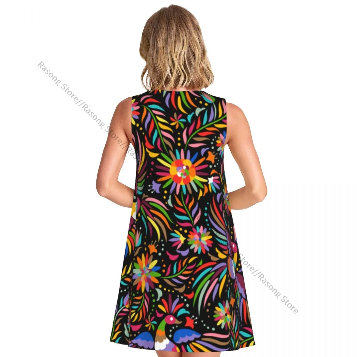 Abito da donna messicano colorato ornato di uccelli etnici e fiori T-shirt casual estiva da spiaggia