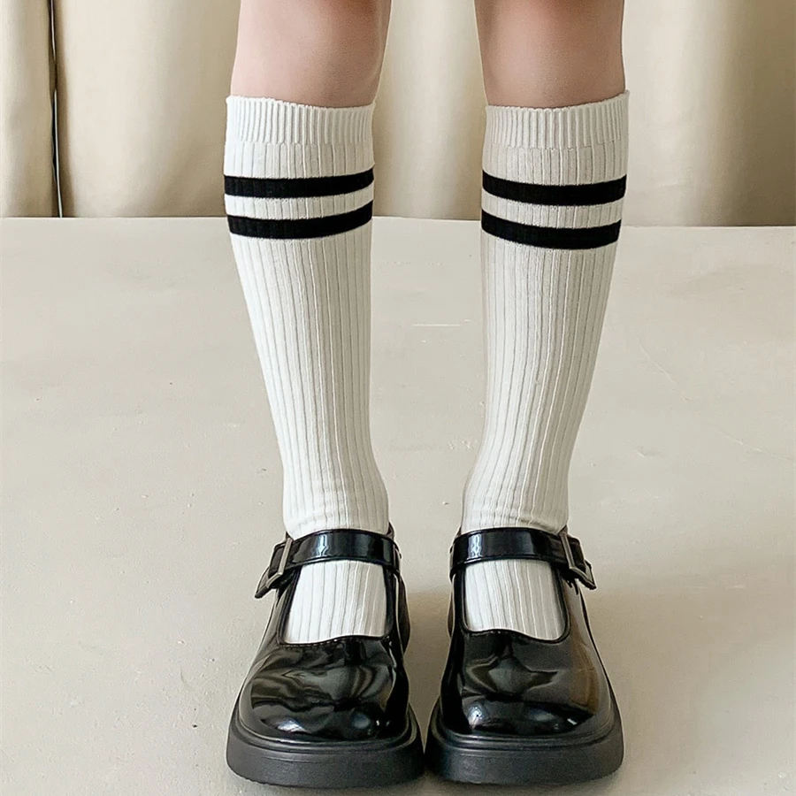 Autumn Warm Children Length Knee Socks Pure Cotton Black White Striped Boys Girls  College Style Sports Socks For 1-12 Years