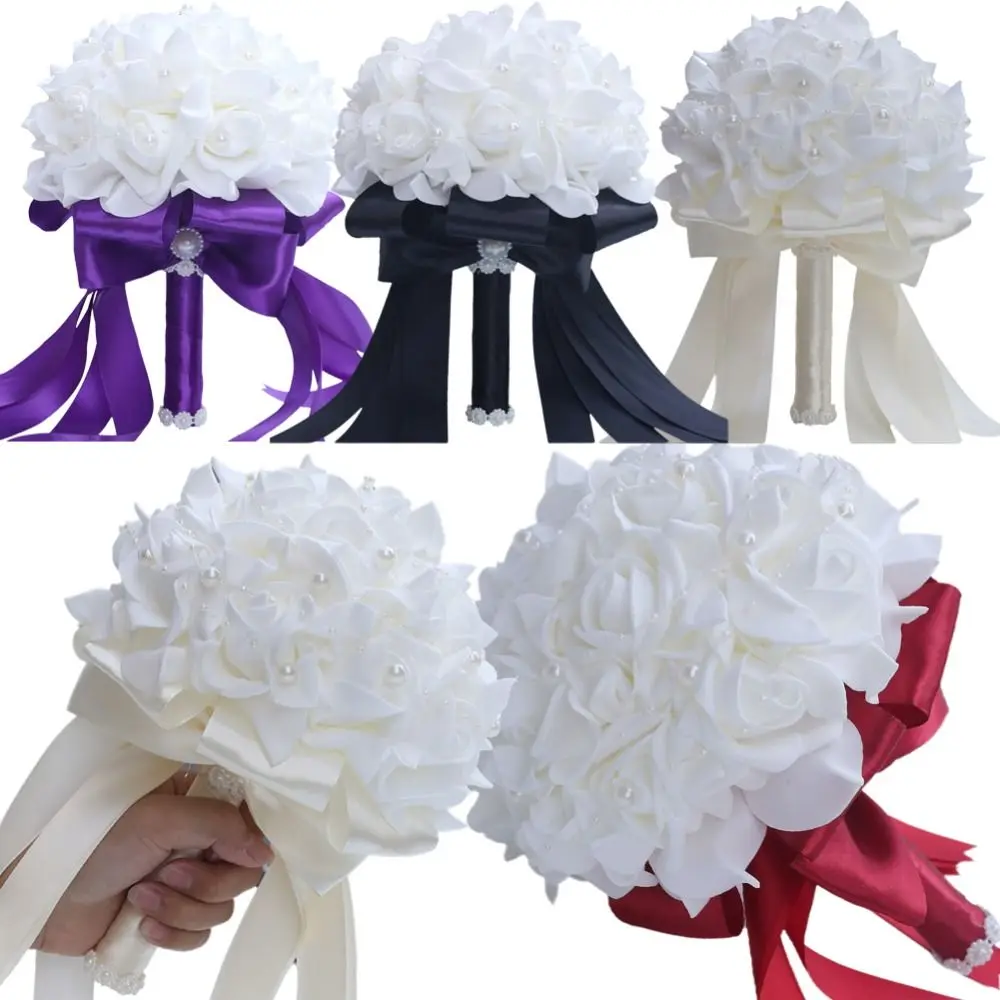 Romantic Artificial Hand Bouquet Silk Flowers Pearl Wedding Bouquets White Roses Sweet Bridesmaid Bouquet Ceremony Anniversary