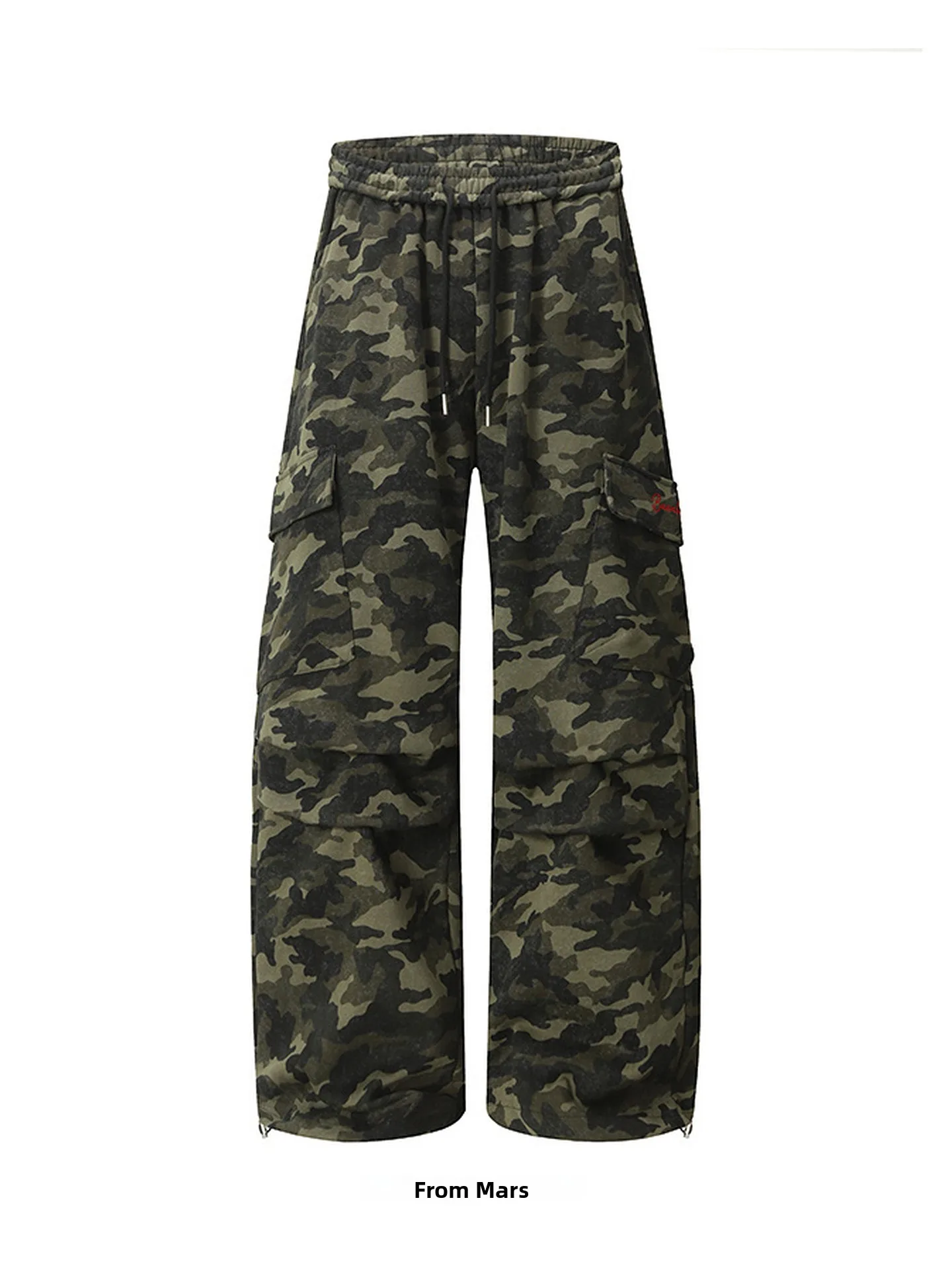 

Loose Fit Camouflage Wide Leg Sweatpants Dstring Multiple kets Trendy Youthful Cotton Polyester Blend Autumn Wear