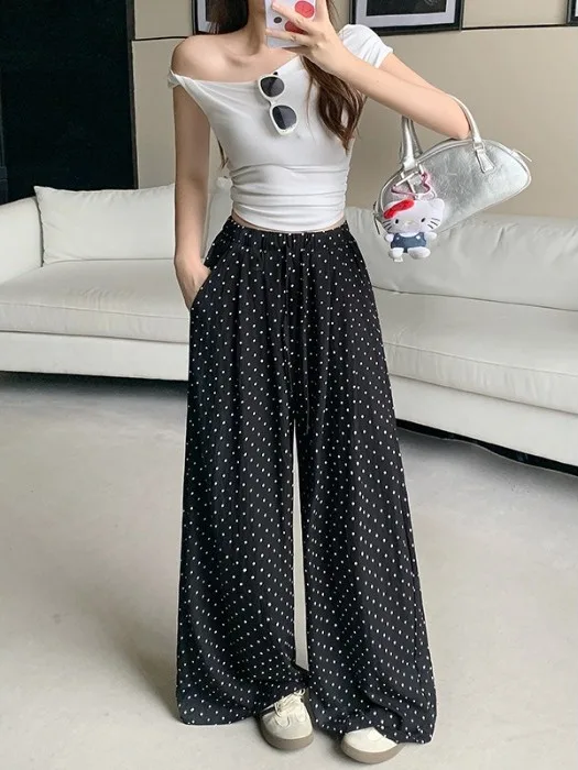 

plus Size Women's Lazy Style Casual Polka Dot Wide Leg Pants High Waist Elastic Waist Drawstring Vertical Tube Summer New