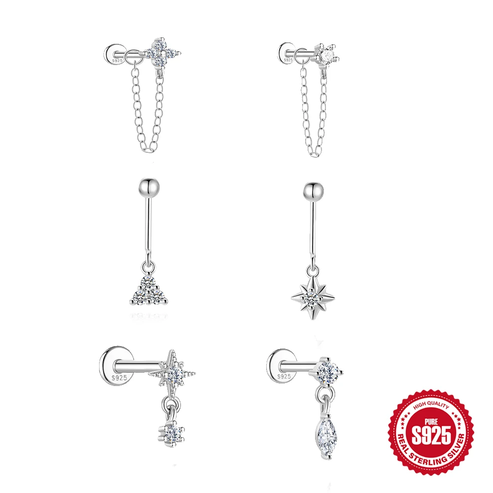 

Boako 925 Sterling Silver Shiny Moissanite Flower/Star Tassel Chain Piercing Earring For Woman lobe/Helix/Tragus Wedding Jewelry