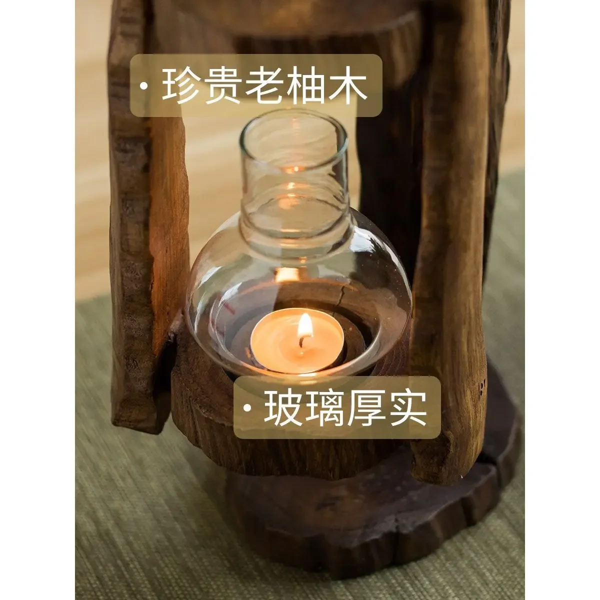 

Environmentally Friendly Log Candle Holder Wind Lamp - Retro Glass Cover for Outdoor Use