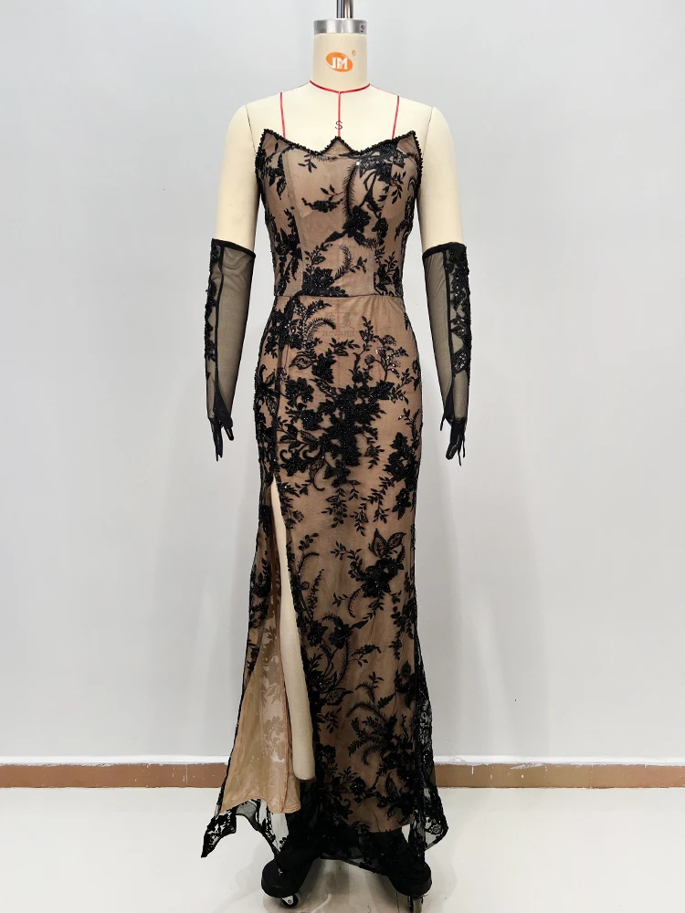 VC Luxury Black Sheer Lace Beaded Evening Gown with High Slit & Matching Gloves – Fashion Events Gala Long Dresses New Vestidos