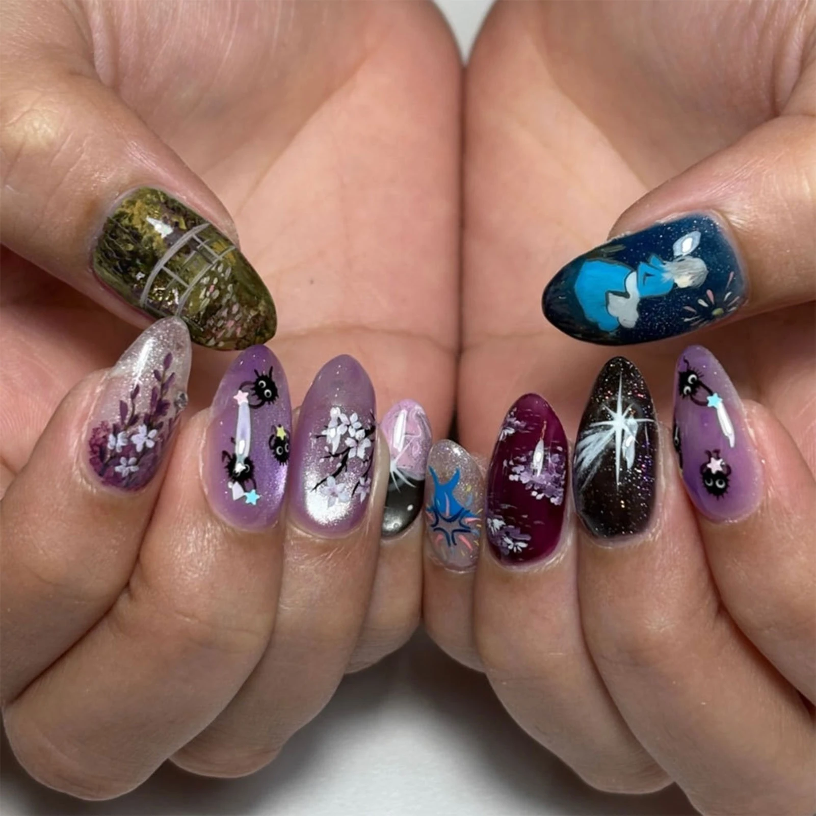 24pcs Purple Cat's Eye Press On Nails Colorful Flower Painted Girls Pattern False Nails Fall Winter Almond Wearable Fake Nail