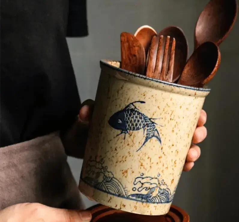 和風陶器箸筒-キッチン排水ケージ-レトロ家庭用食器-ナイフ・フォーク・スプーン収納