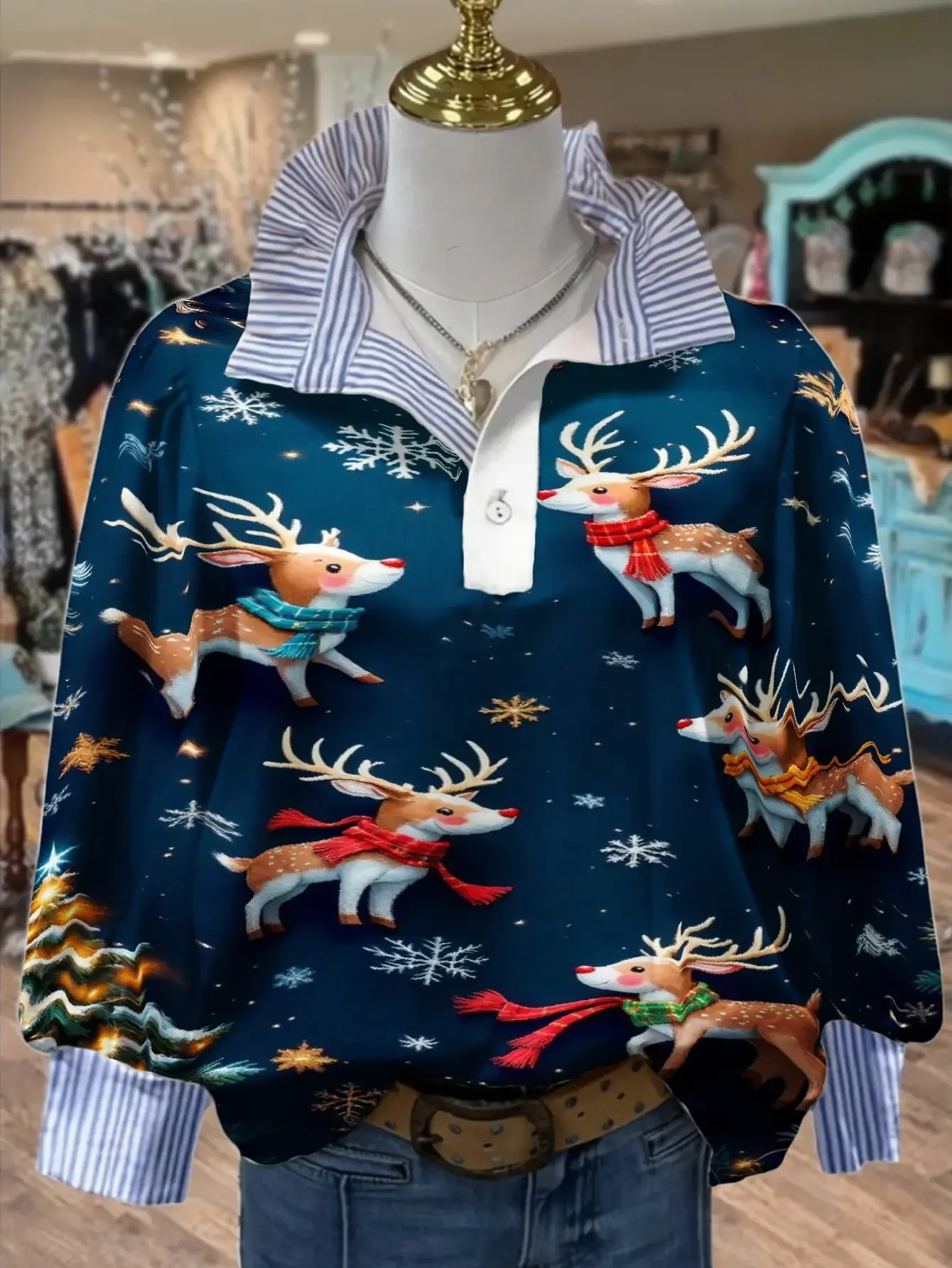 Women's Plus Size Long Sleeve Stand Collar Shirt with Creative Print for Spring, Autumn, Ladies' Fashion Clothing