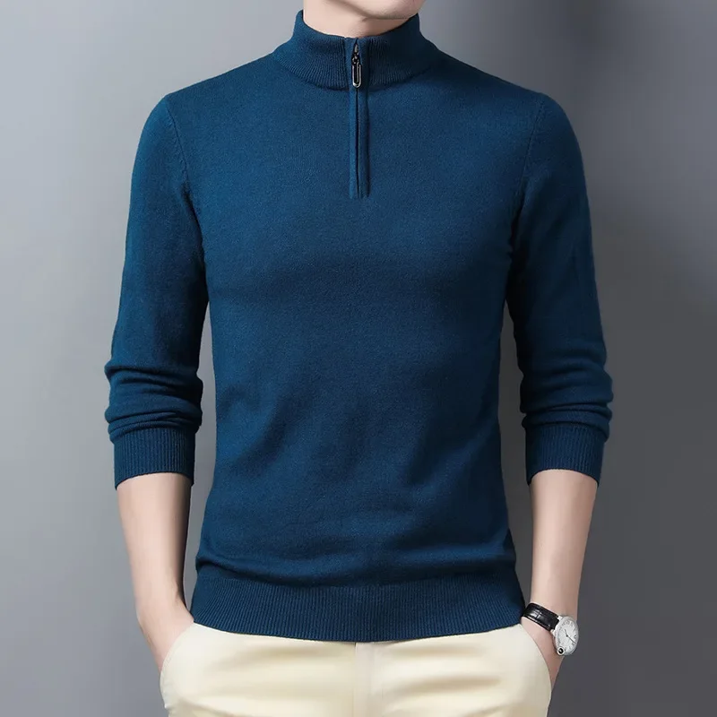 Wool Sweater Men's Half-High Zipper Pullover Thick Sweater Long Sleeve Wool Blend Business Undershirt Autumn Winter Clothing