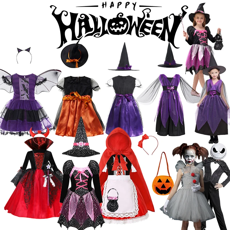 

Halloween Costume for Kids Girls Cosplay Witch Hoodwinked Vampire Devil Ghost Bride Suit Carnival Party Dress Up Scarlet Clothes