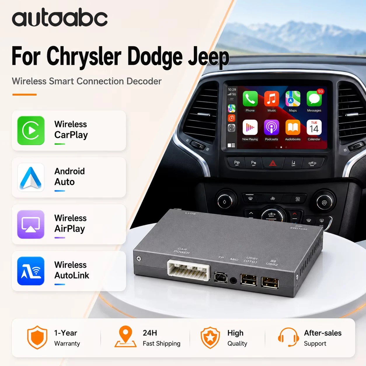 Interface sans fil Autoabc Carplay Android Auto pour Jeep Chrysler Dodge 300C, Challenger 2014–2019, décodeur compatible avec Airplay, navigation, Bluetooth.