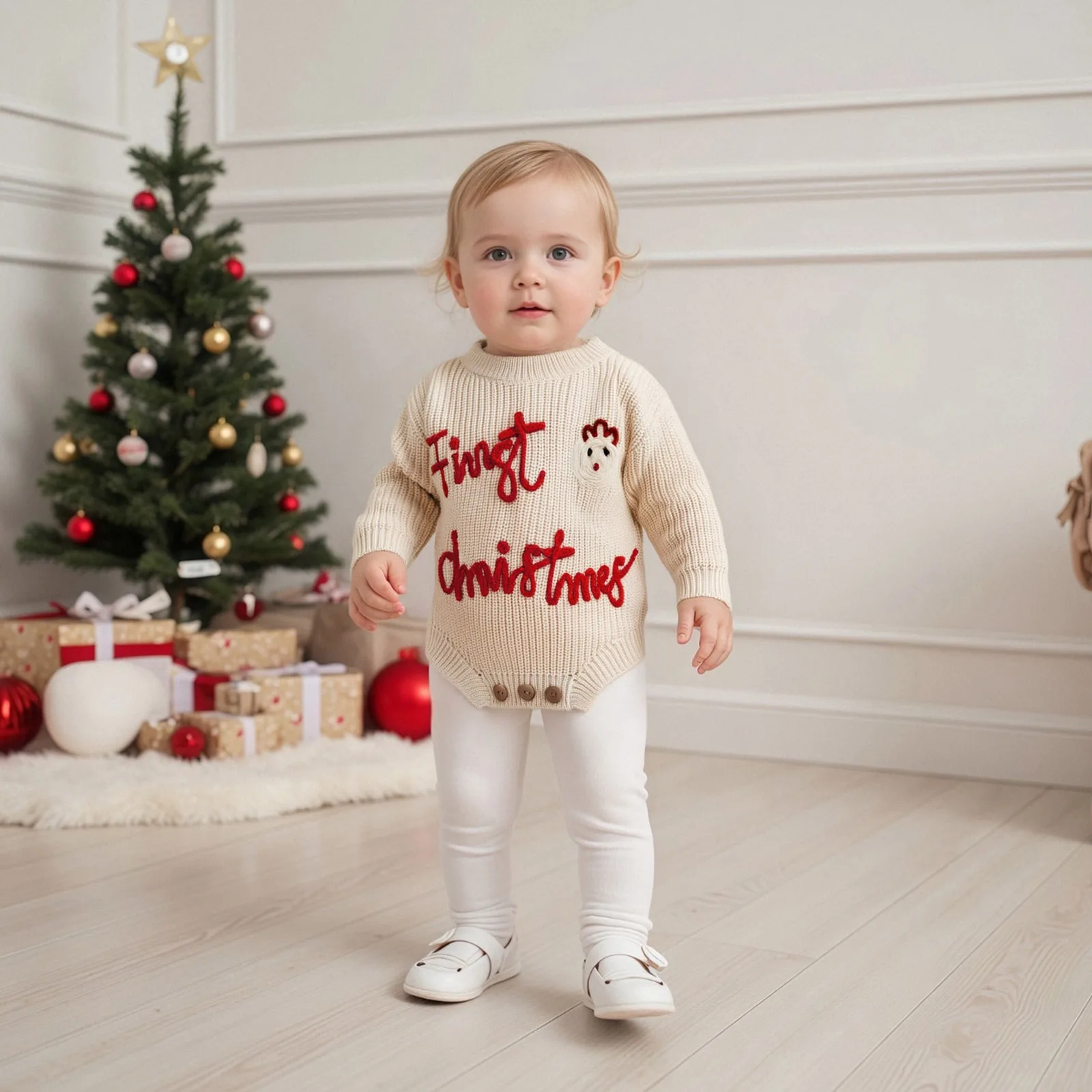 Baby-Strick-Strampler, langärmeliger Body mit Rundhalsausschnitt und Buchstaben, Weihnachtspullover für den Alltag