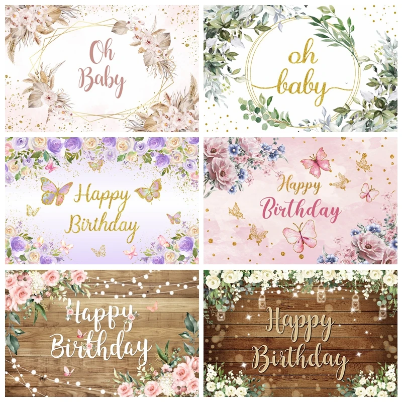 

Happy Birthday Photography Backdrop Gold Frame Flower Baby Shower Kids Adult Birthday Anniversary Decor Photo Background Props