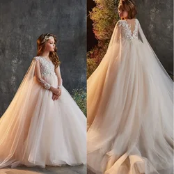 Erstkommunion Kleider Langarm Spitze Flash Druck Schwanz Prinzessin Blumenmädchen Kleid Hochzeit Party Ball Traum Geburtstagsgeschenk