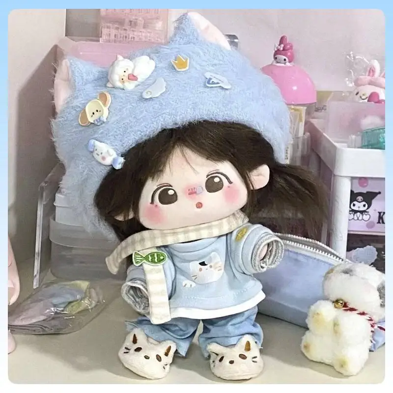 

Подходит для хлопковой куклы 20 см, голубая зимняя одежда на тему котенка, плюшевое клетчатое платье с беретом, модный сменный костюм