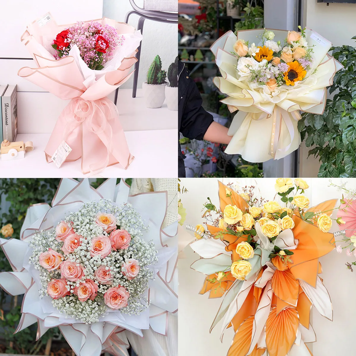 20Pcs Plastic Bouquet Wrapping Paper Color Waterproof Gold Edge Jelly Film for DIY Gift Floral Party Home Packaging Supplies