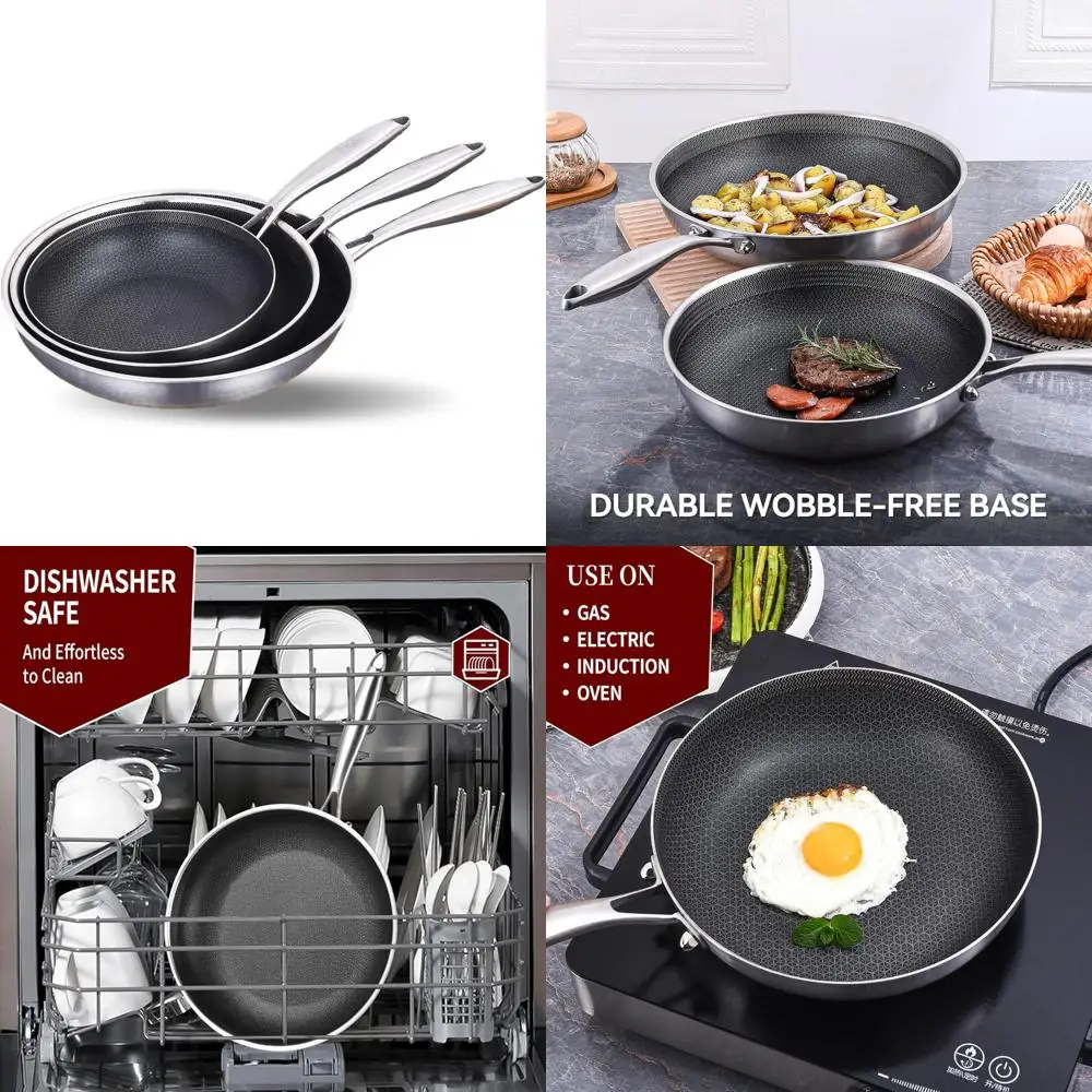 

Hybrid Tri-Ply Stainless Steel Non-Stick Frying Pan Set, 8-10-12 Inch Skillets, Induction Compatible, Cooking Pans, Pans for Pot