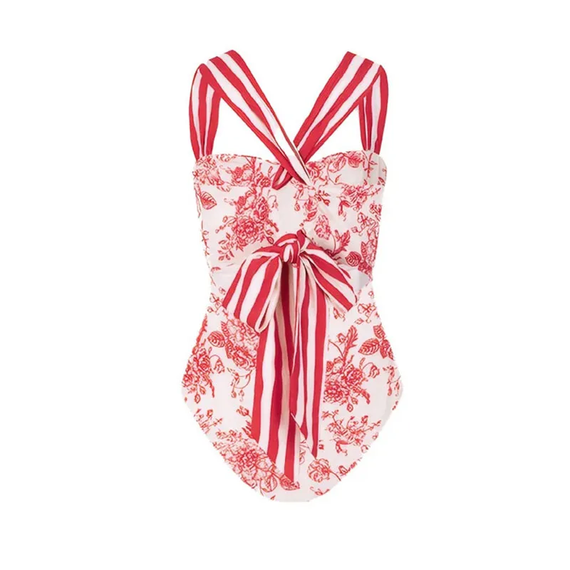 Traje de baño de una pieza con volantes para mujer, vestido largo de retazos a rayas florales dulces, estilo de vacaciones en la playa, traje de baño para vacaciones de verano