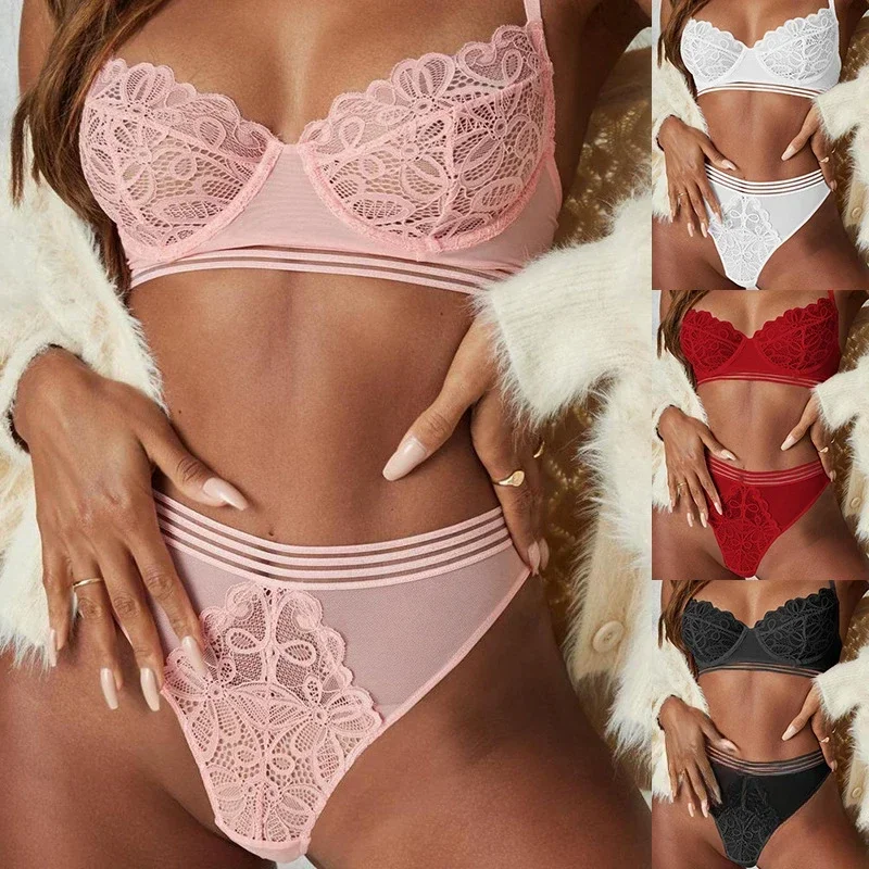 Lace Bra Sets Pink Sexy Push Up Underwear Set Thin Cup Female High Waist Panty Seamless Soft Comfortable Bra Thong Set