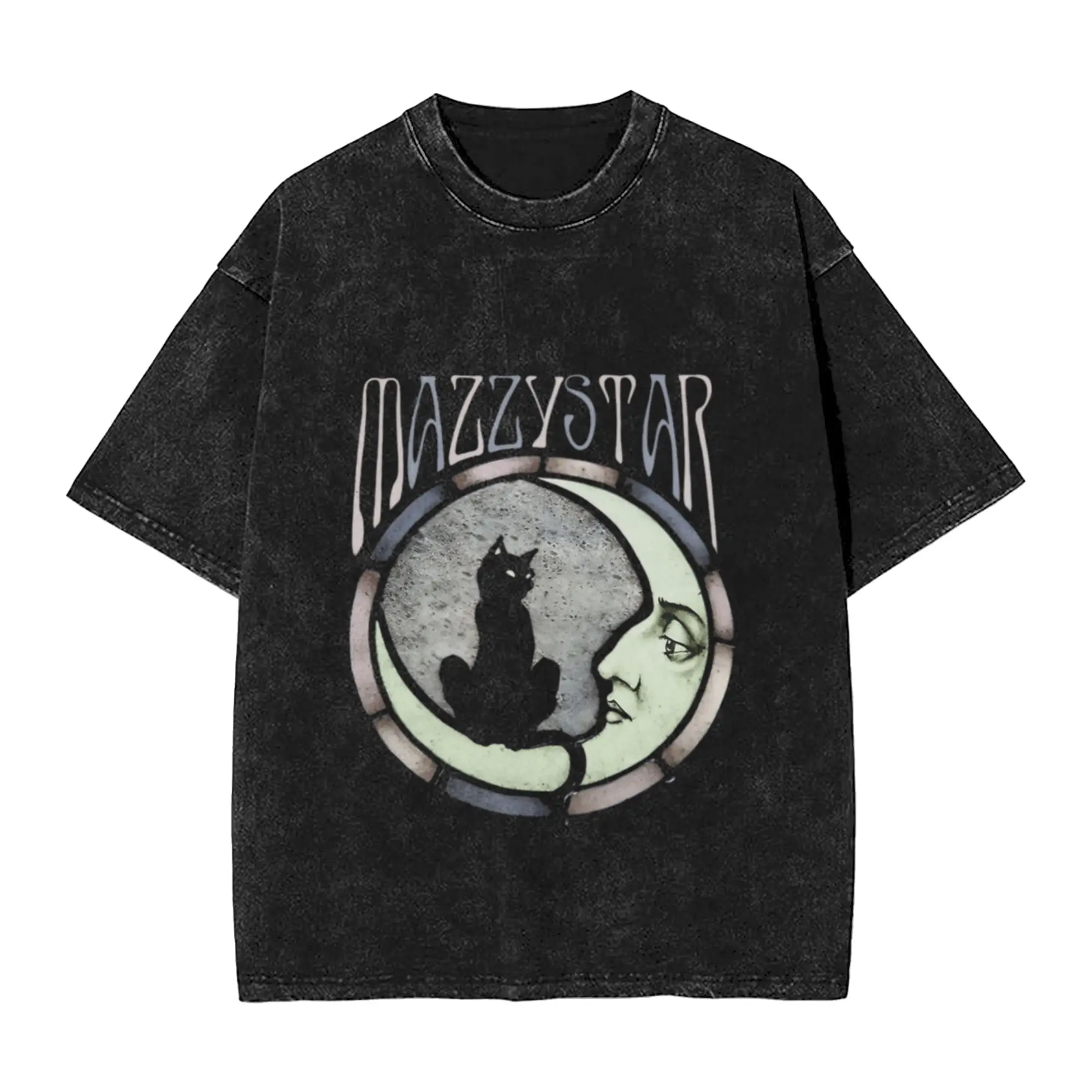 54 Mazzy Star Moon And Cat Vintage Classic Chic A Washed T Shirt Men's Oversized Cotton Tees Tops