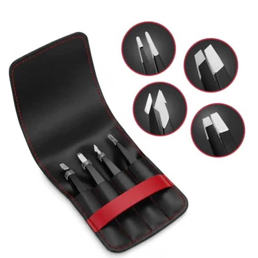 Professional 4-in-1 Stainless Steel Tweezers Set with Case Slant, Pointed, Pointed Slant and Classic Tips for Eyebrows, Facial