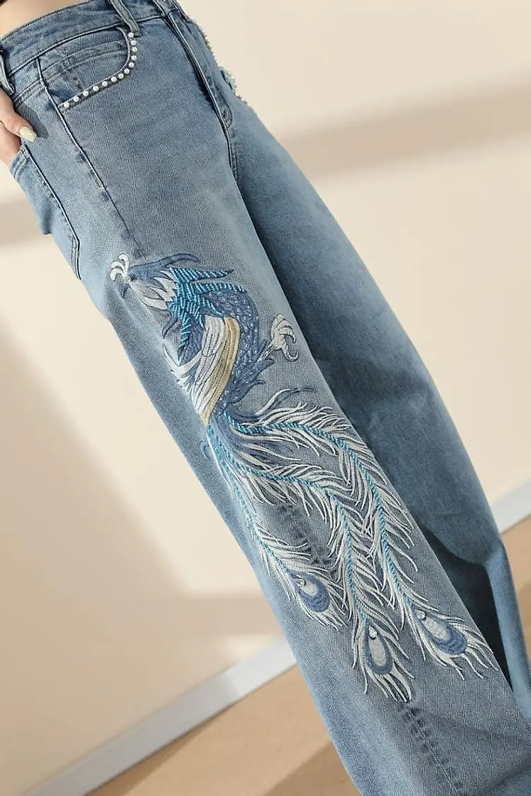 Jeans Phoenix Embroidery Chic Women Straight Leg Trousers Pearl Embellishment Women Graphic With Print Denim Summer Korean Style