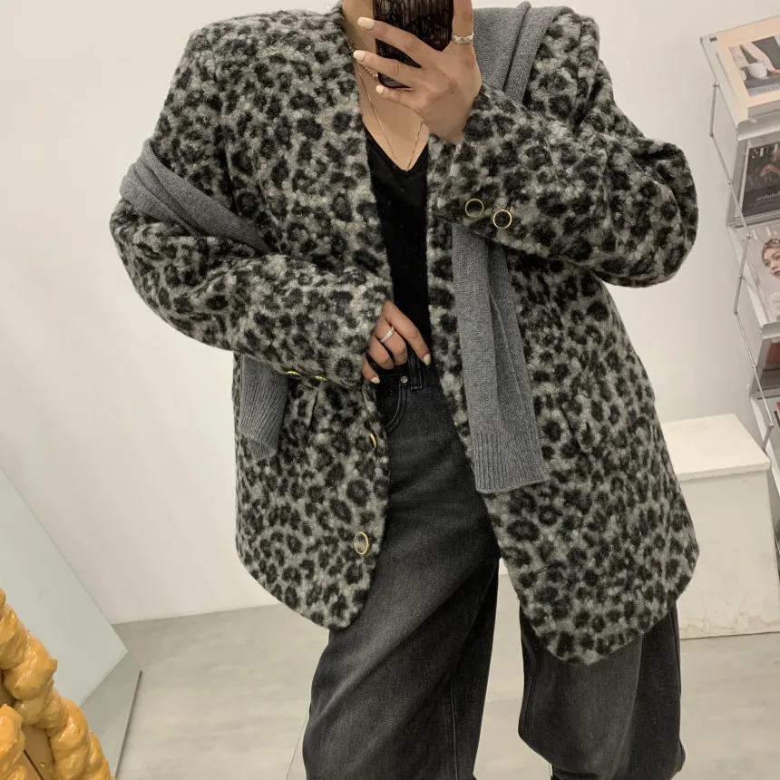 

Корейское теплое пальто с леопардовым принтом из меха ягненка на хлопковой подкладке, свободное длинное пальто, женская повседневная верхняя одежда из полиэфирного волокна