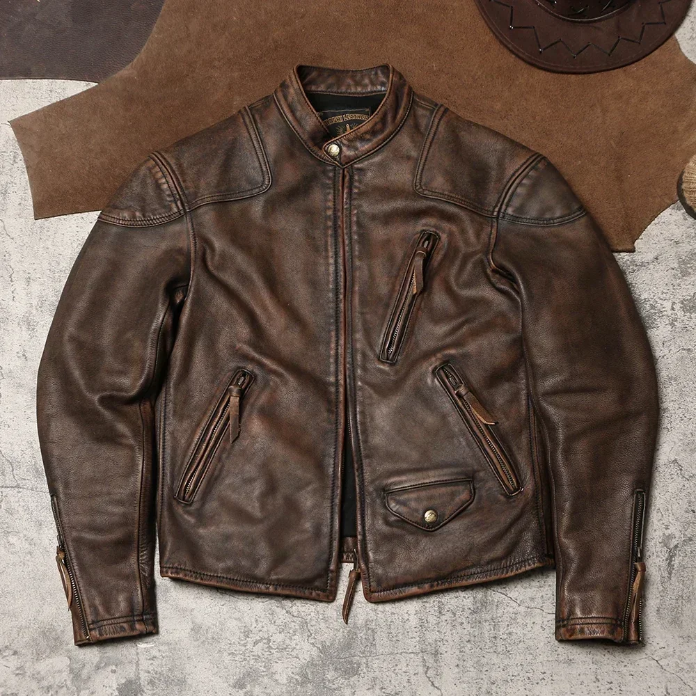 

Кремовое пальто из воловьей кожи Venom Tea Core Tree, винтажное изношенное мотоциклетное пальто из натуральной кожи, мужское стоящее