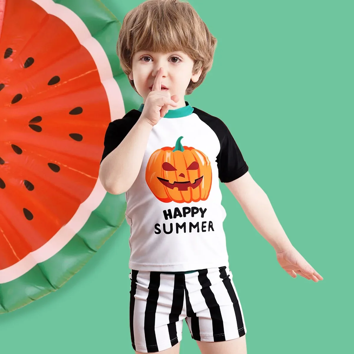 

Kids swimsuit boys short sleeved swimsuit Halloween pumpkin print boys swimsuit Bathroom Home Children‘s set