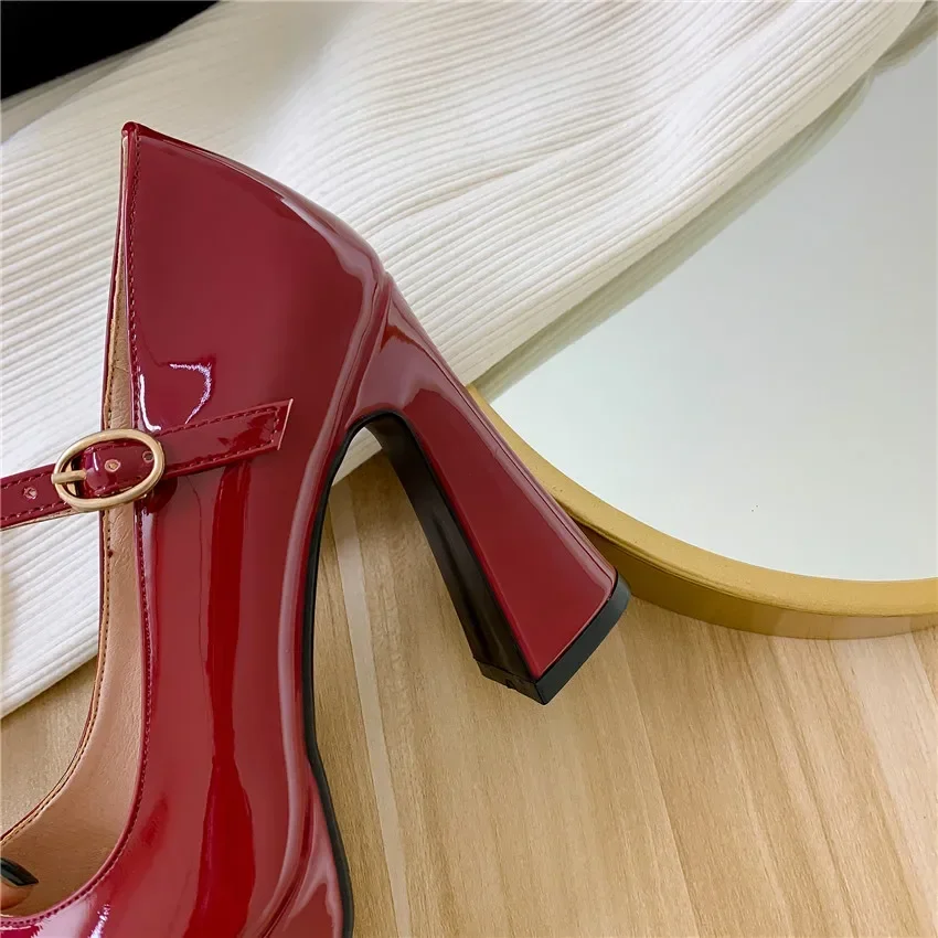 Women Platform Mary Janes Pointed Toe High Chunky Heels Pumps Office Party Dress Wedding Red White Ladies Patent Leather Elegant