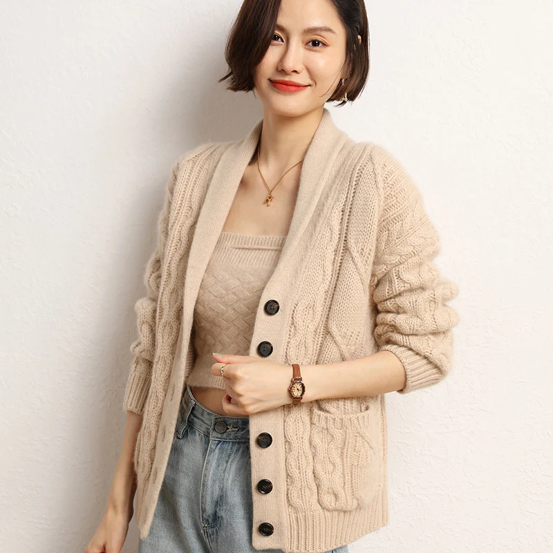 2023 Autumn Winter New 100% Cashmere Cardigan Knitted Sweater Women\'s Loose Large Size Cardigans Female Solid Thicken Warm Coat