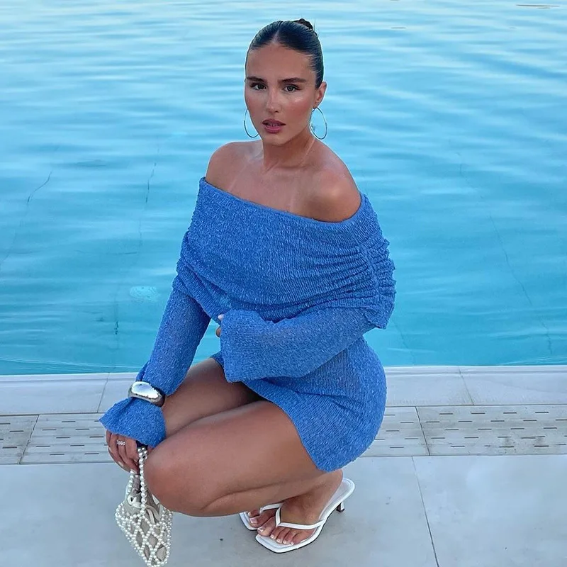 CHNMR Women Elegant See Through Soild Dress Female Hollow Out Off-Shoulder Long Sleeve Mini Dresses Casual Beach Party Vestidos