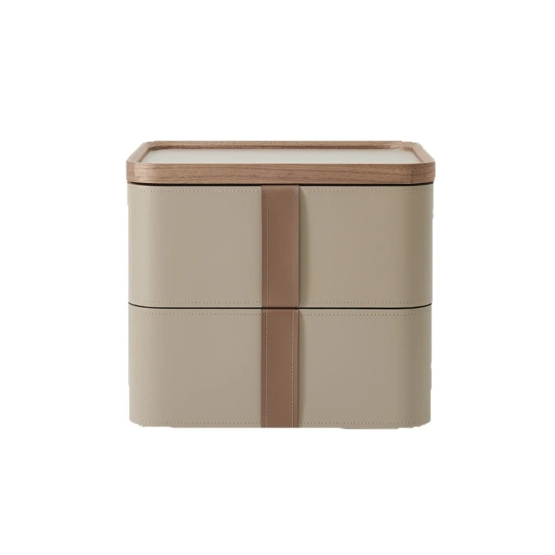 Italian minimalist solid wood bedside table, light luxury and high-end sense, high-end saddle leather