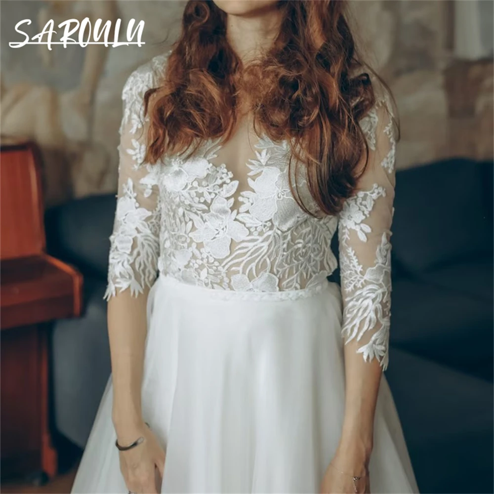 

Floral Lace Wedding Dress Three Quqarter Sleeves A Line Tulle Flowy Bride Dresses Romantic Bridal Gown Classy Robe De Soriee