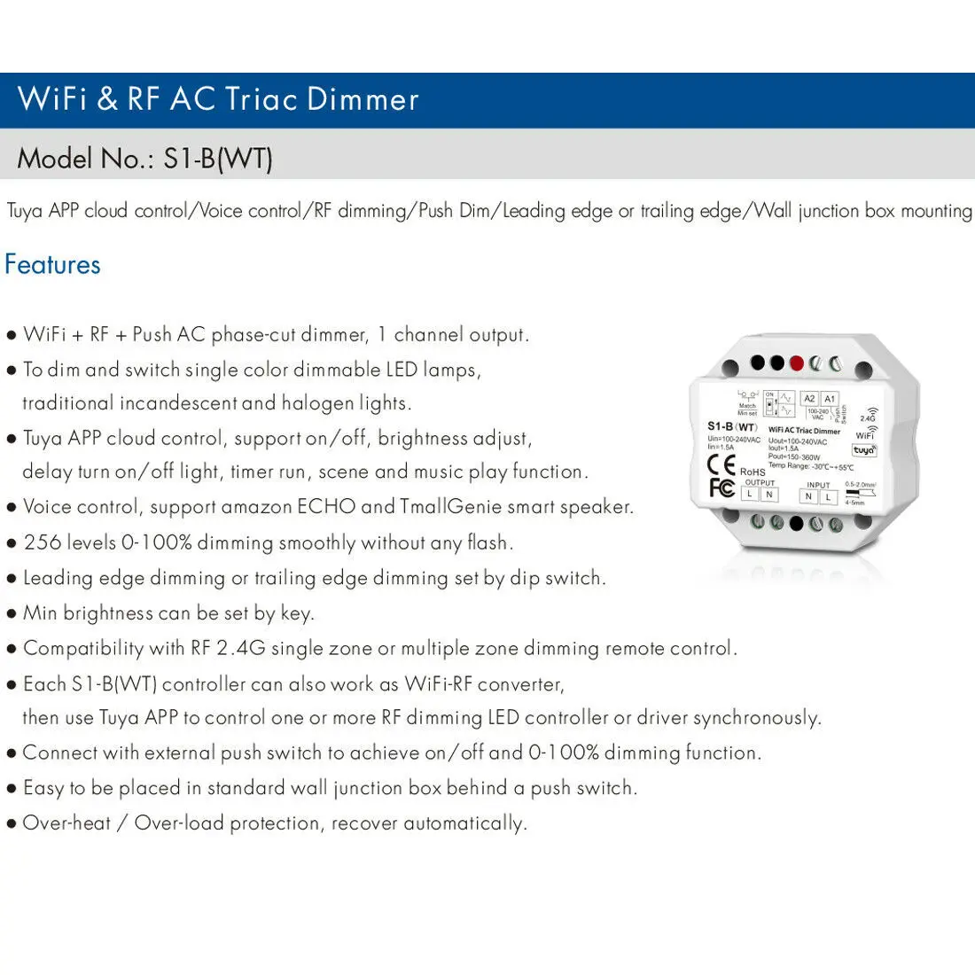 Tuya Smart Life WiFi RF AC Triac Dimmer LED Controller Push Switch 110V 220V 230V Wireless Remote Smart Home Alexa Google Home