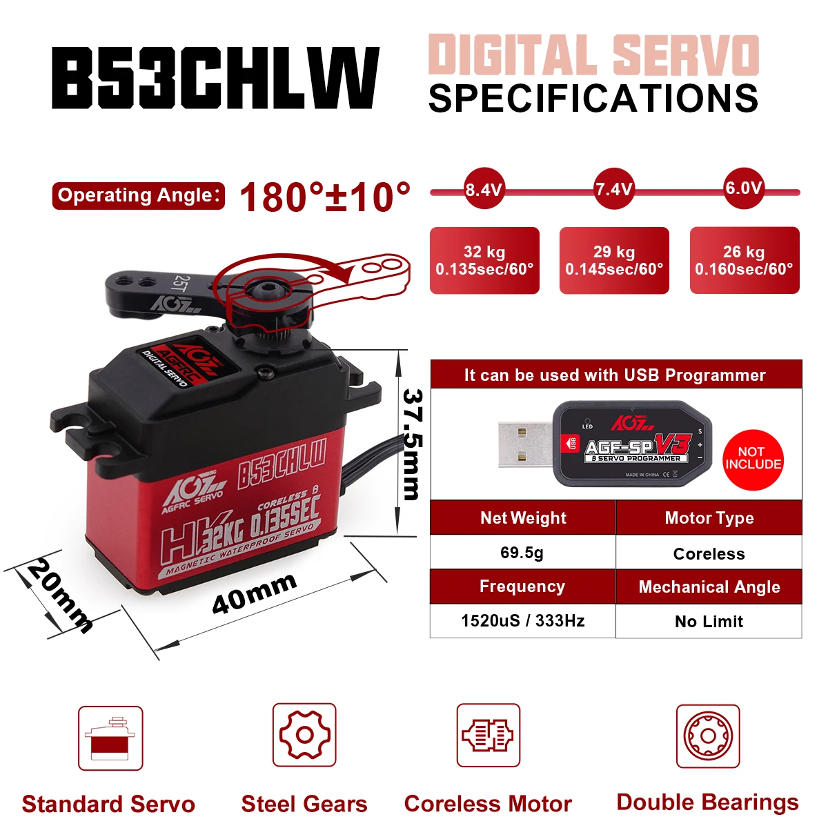 Agfrc b53bhl v2 b53chl v2 31kg 32kg magnetisches wasserdichtes kernloses Drehmoment schnelles programmier bares bürstenloses Standard-RC-Servo – Detail 6