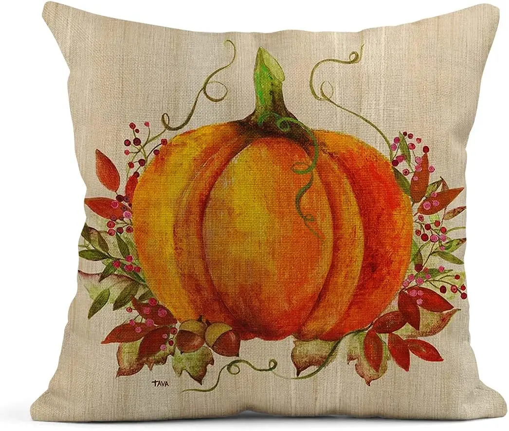 Funda de almohada de lino con diseño de calabaza para decoración del hogar, cubierta de cojín cuadrada para sofá, cama, otoño