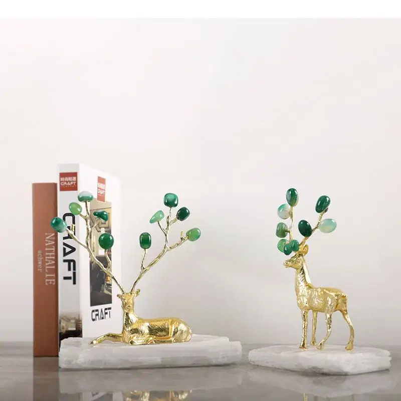 Gold Plated Deer Alloy Statue Agate Crafts Desk Decoration Golden Sculpture Ornaments Room Aesthetics Furnishings