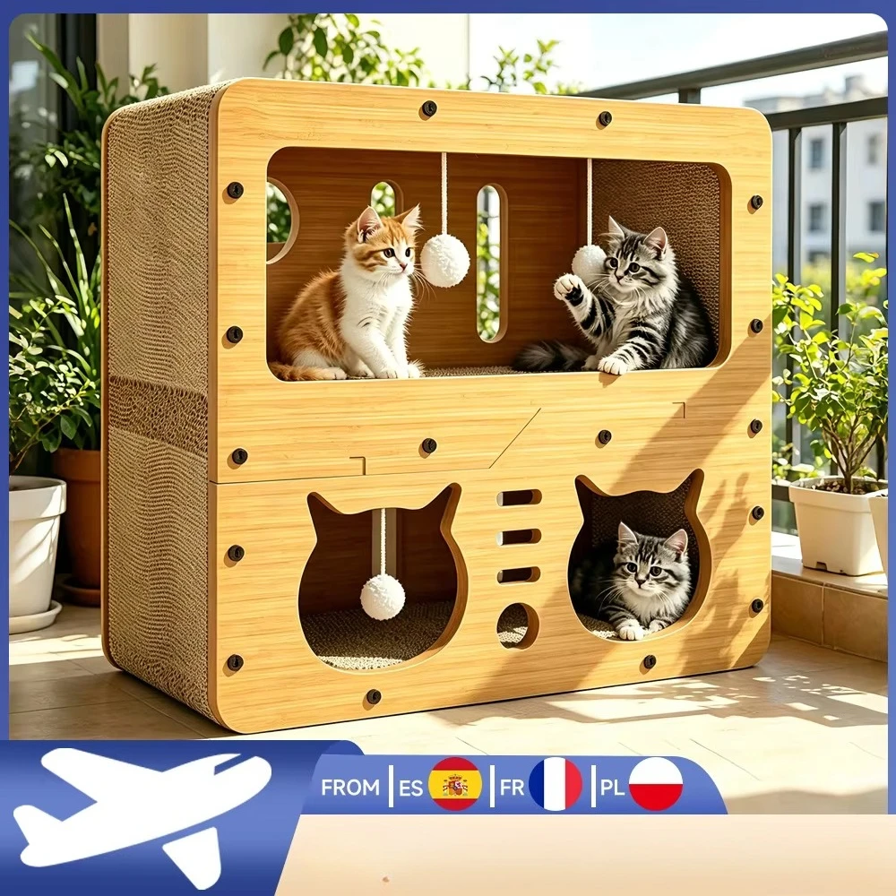 Casetta giocattolo multifunzionale per gatti a 3 livelli, con struttura per tirare fuori il pelo, 2 in 1, realizzata in cartone, con pallina interattiva, ideale come area giochi per interni per gatti