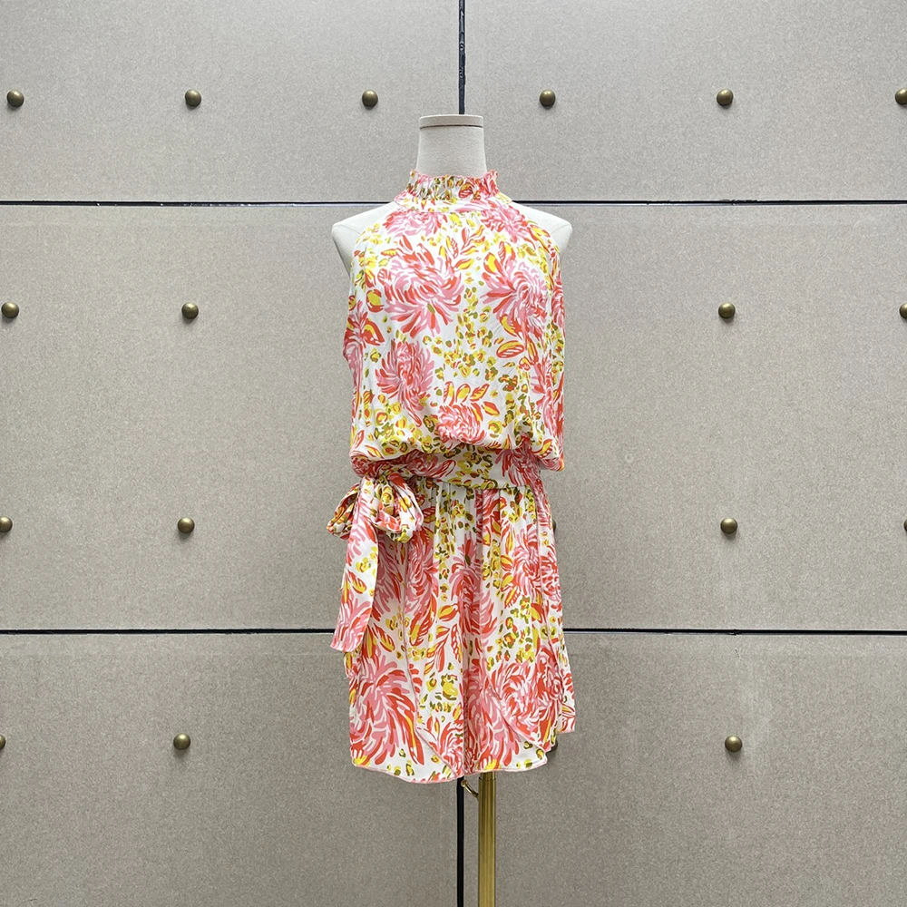 

Женский цельный комбинезон с цветочным принтом Y2k, облегающий модный элегантный комбинезон без рукавов с воротником-стойкой и завязкой на талии, лето 2024