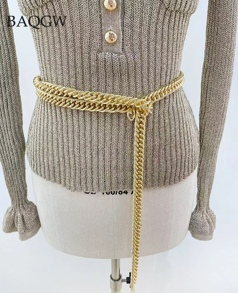 2025 AW 신상 여성용 골드 엘라스틱 풀오버 스웨터 라운드 넥 풀 플레어 슬리브 순색 니트 여성 상의