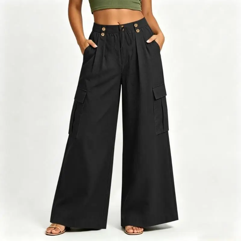 31BF Linen Pants Women Wide Leg  Palazzo Trousers Flowy Cargo Outfits with Pockets