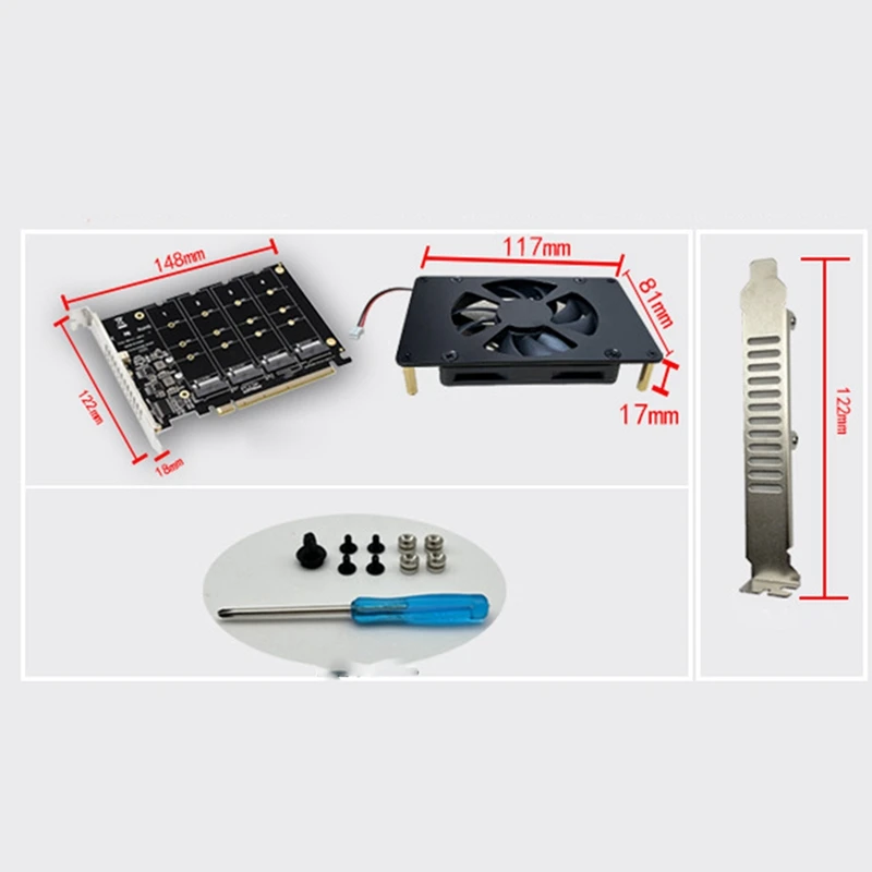 PCIEX16 NVME M2 MKEY SSD RAID Array Expansion Adapter Card Motherboard PCIE Split Card With Cooling Fan Durable