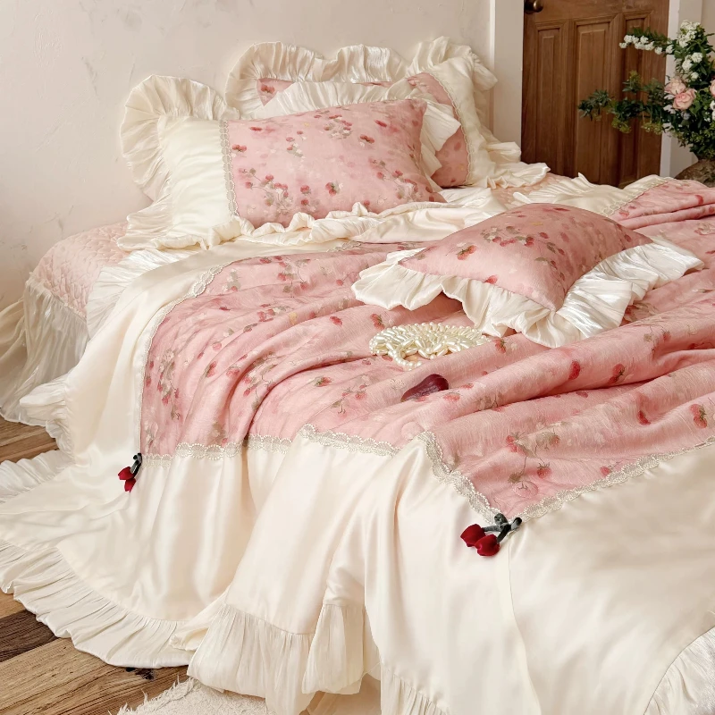 French girl summer Tencel summer cool quilt bed cover four-piece romantic printing air-conditioning bedding