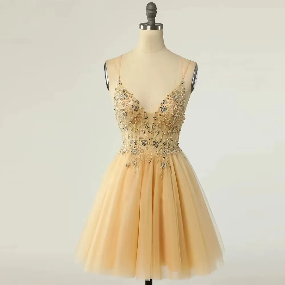 Gold Beaded Crystal Short Prom Dresses Sexy V Neck Spaghetti Straps Plus Size Homecoming Cocktail Party Gown US size 100