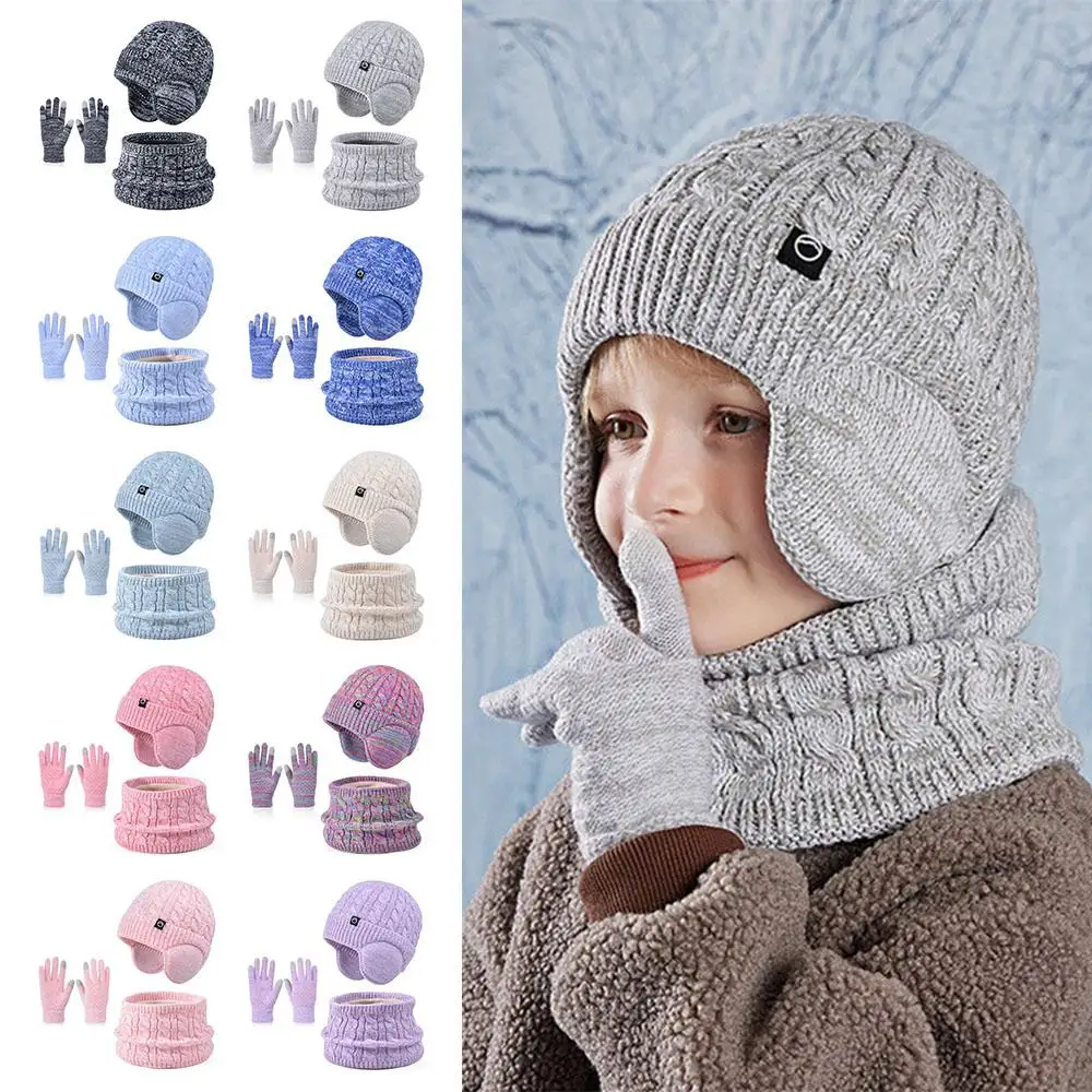 Fleece Lined Children's Hat Neck Scarf Gloves Set Warm Winter Neck Warmers Thick Ear Protection Skull Caps for Boys and Girls