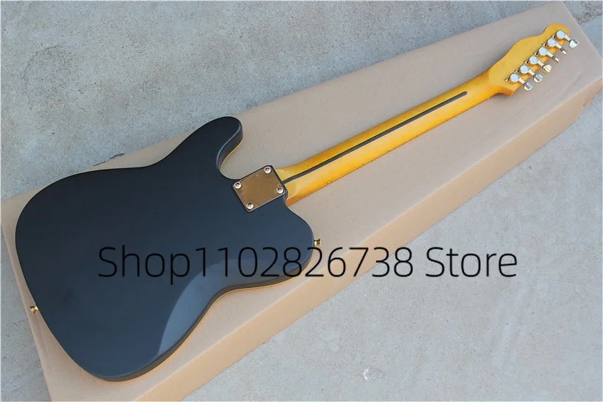 Classic Matte Black Electric Guitar Tel Guitar Yellow Maple Neck Black Guard Fixed Bridge Golden Tuners Factory Custom