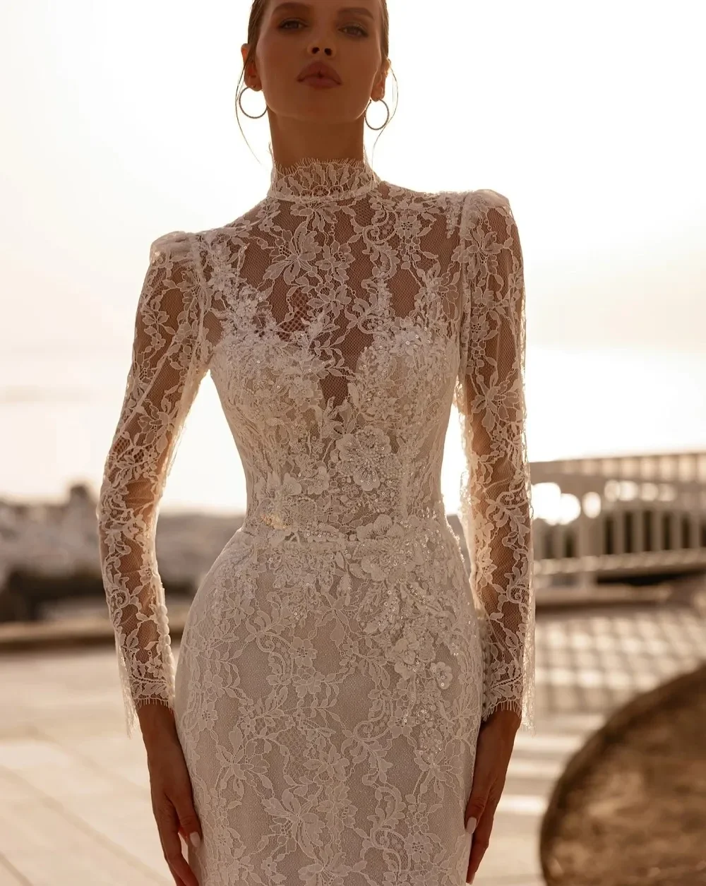 Luxury Mermaid Wedding Dress 2026 High Collar Long Sleeve Sequined Beads Lace Bridal Bride Gowns vestido de novial